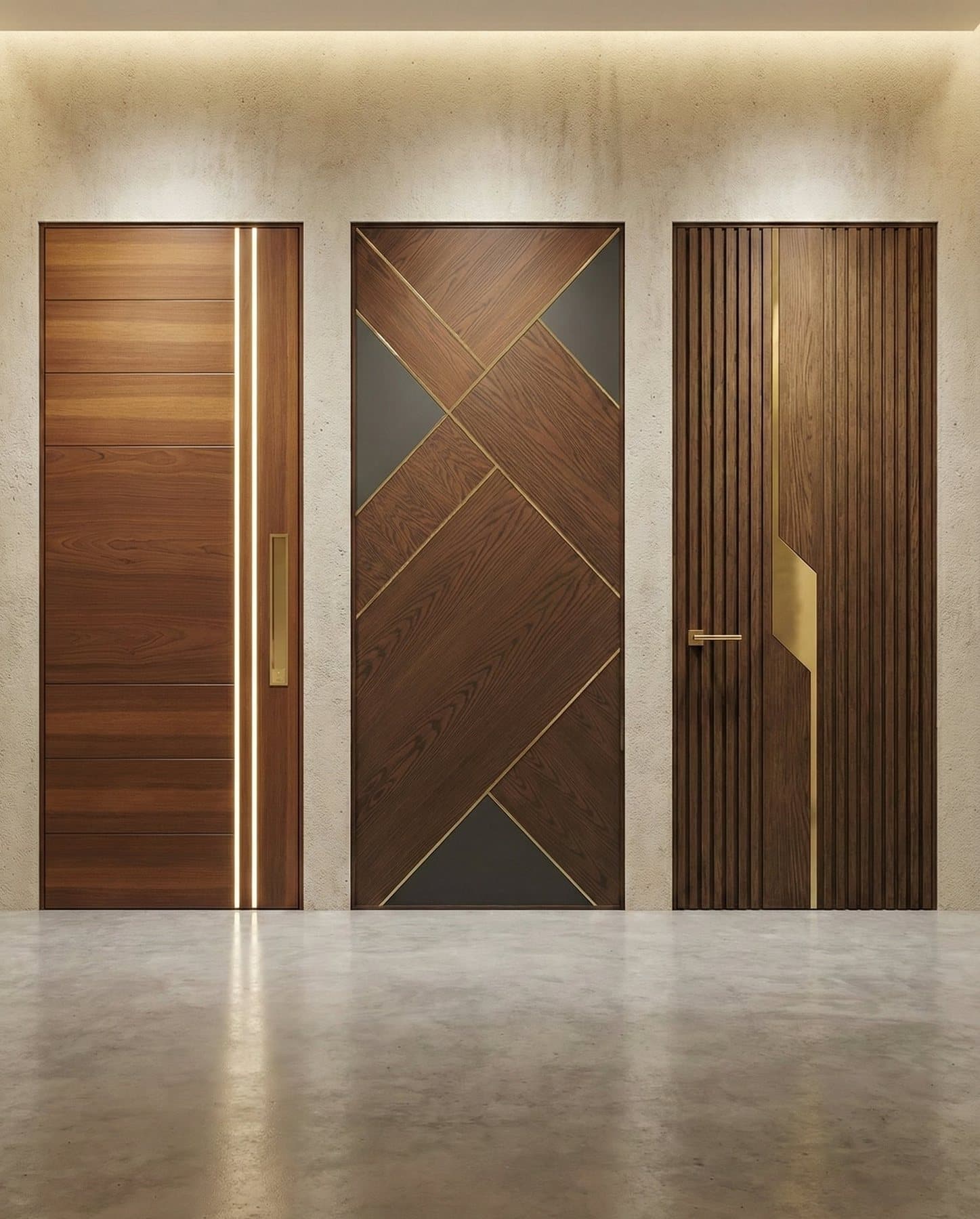 Marquetry timber doors with brass inlay by Amaza Homes