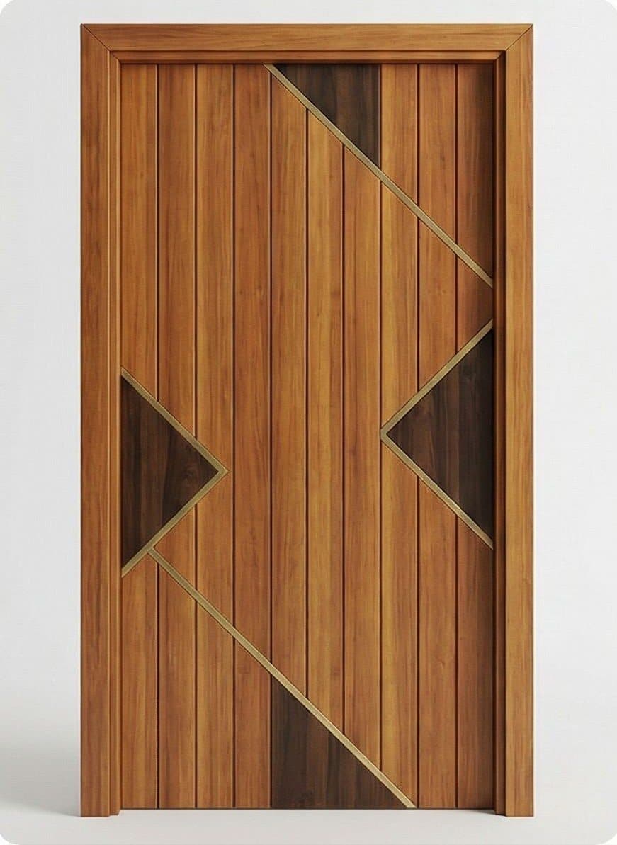 Geometric timber marquetry door by Amaza Homes