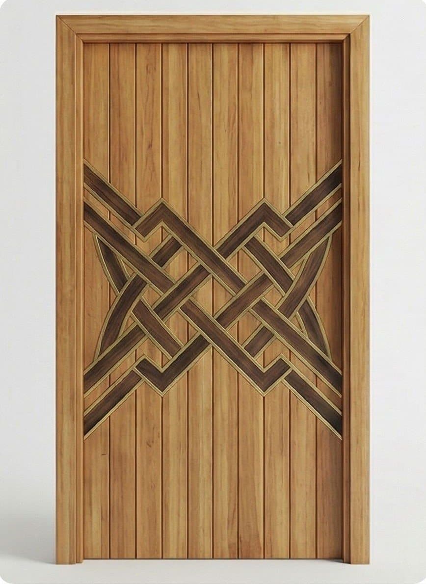 Interlaced fretwork timber door by Amaza Homes