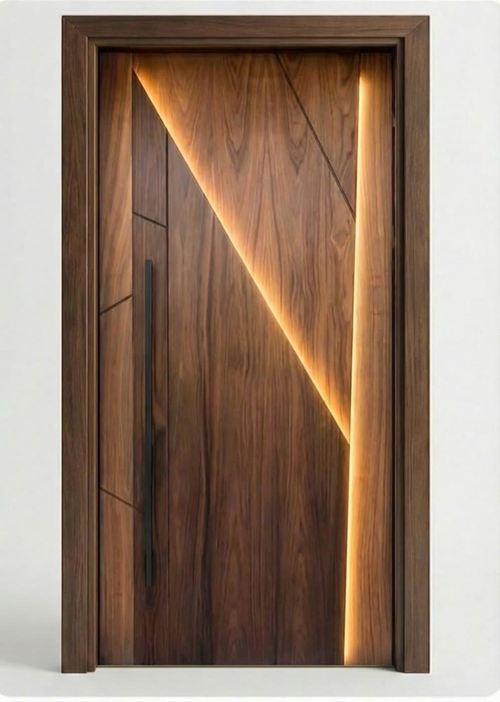 Walnut door with integrated light inlay by Amaza Homes