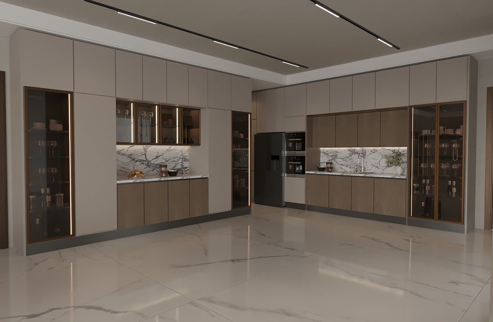 Greige kitchen run with lit display cabinets by Amaza Homes