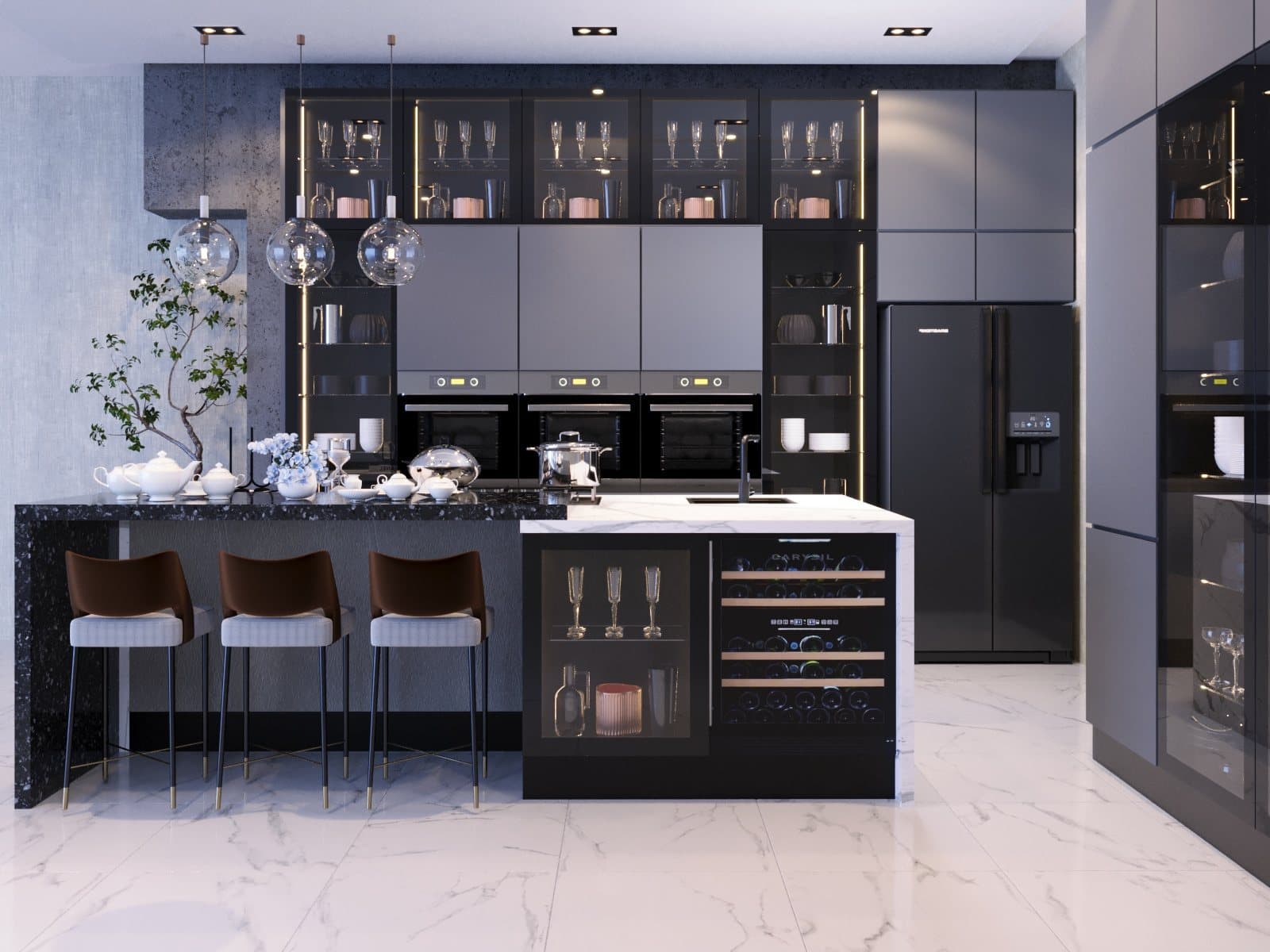 Luxury kitchen interior with island seating designed by Amaza Homes in Karachi