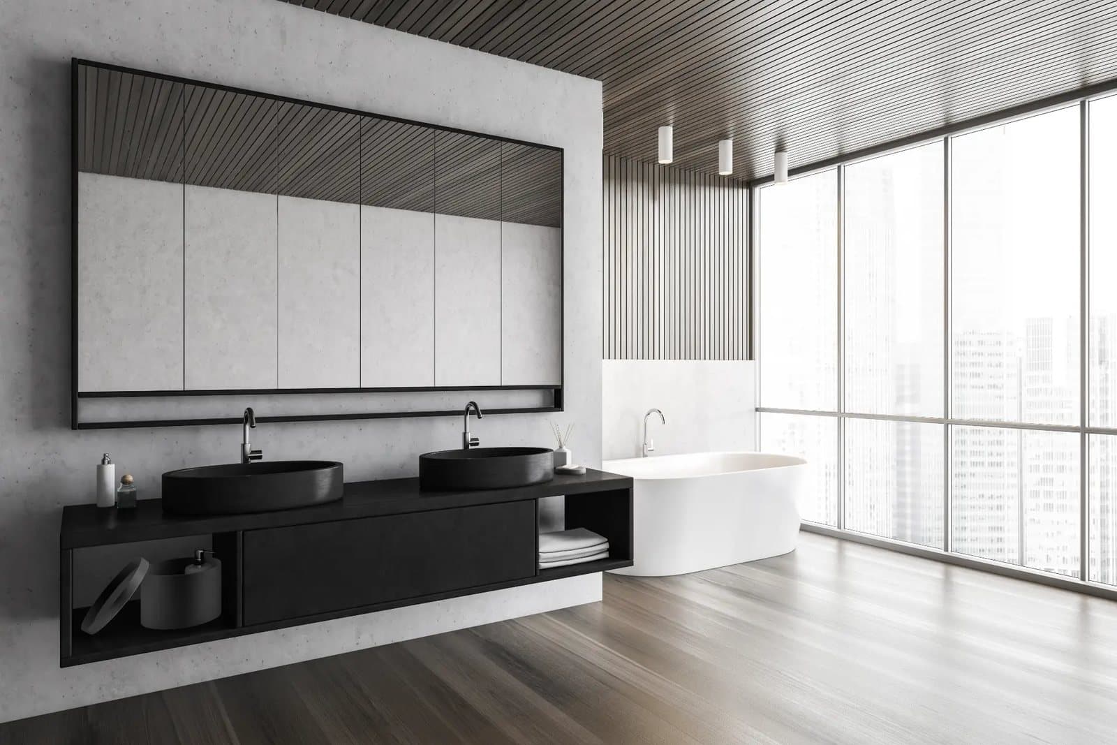 Graphite bathroom suite with long vanity by Amaza Homes