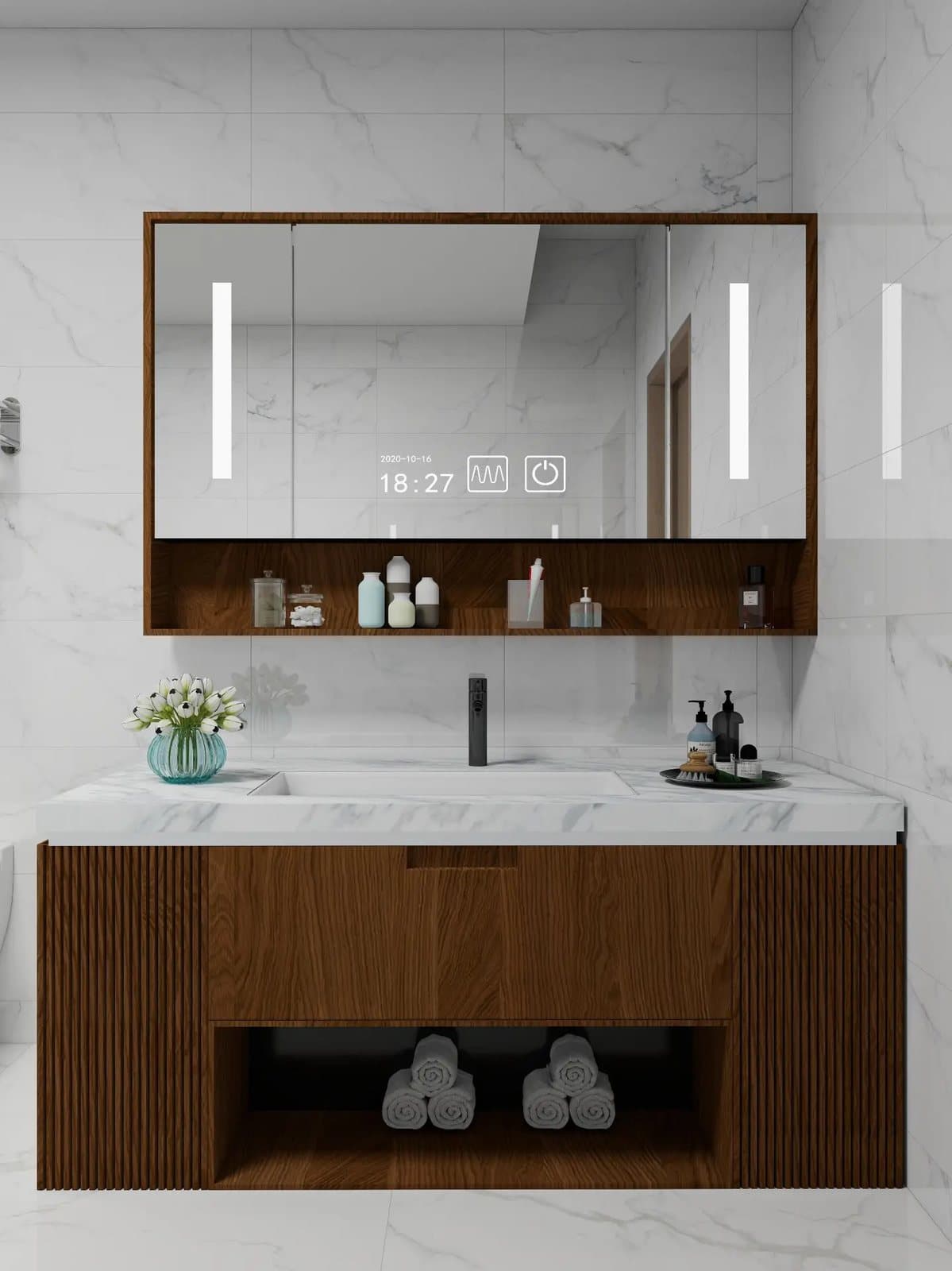 Marble arch vanity with twin basins by Amaza Homes