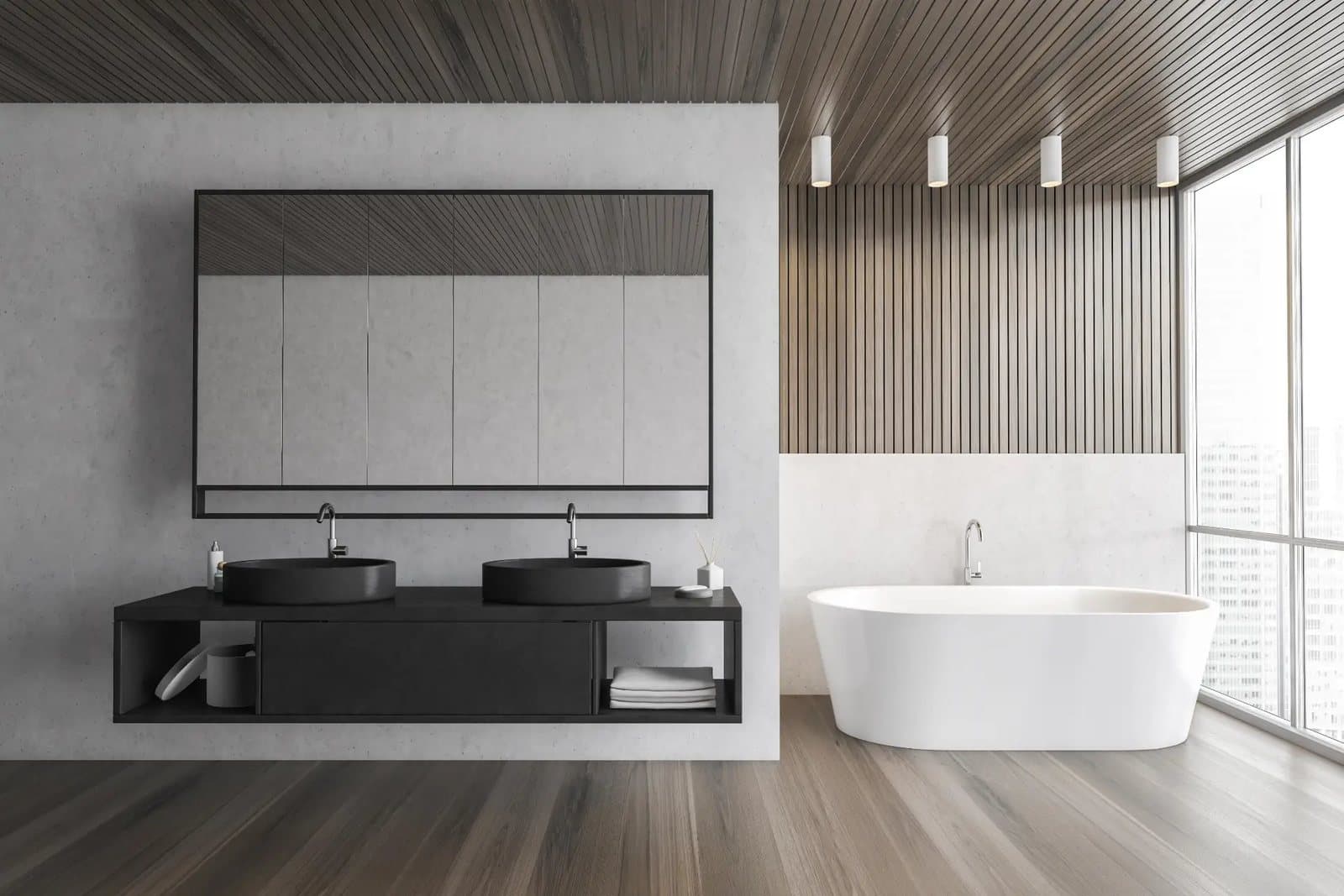 Stone and white master vanity by Amaza Homes