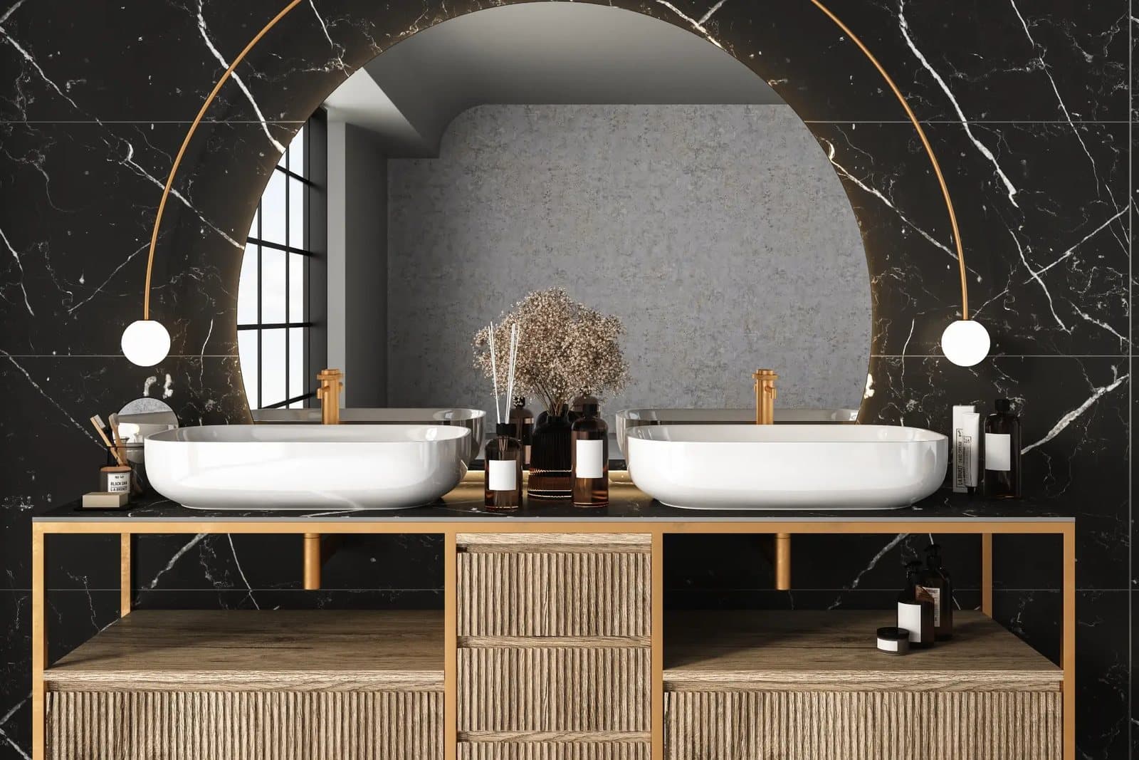 Twin basin oak vanity with arched mirror by Amaza Homes